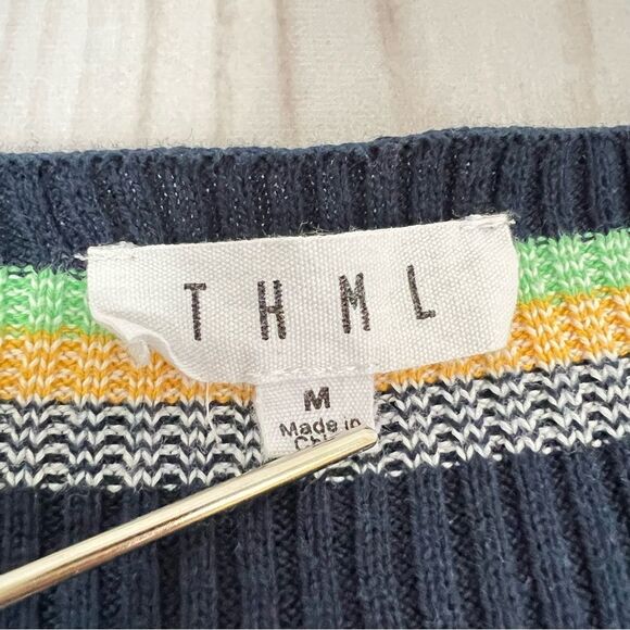 THML Womens Rib Knit Short Sleeve Sweater Size M Yellow and Blue Relaxed Fit - Picture 7 of 10
